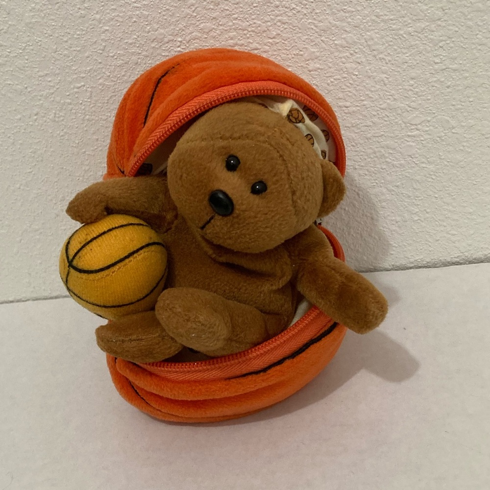 Plushland Brown Bear Plush Inside Orange Basketball Free Throw Zipper Pouch